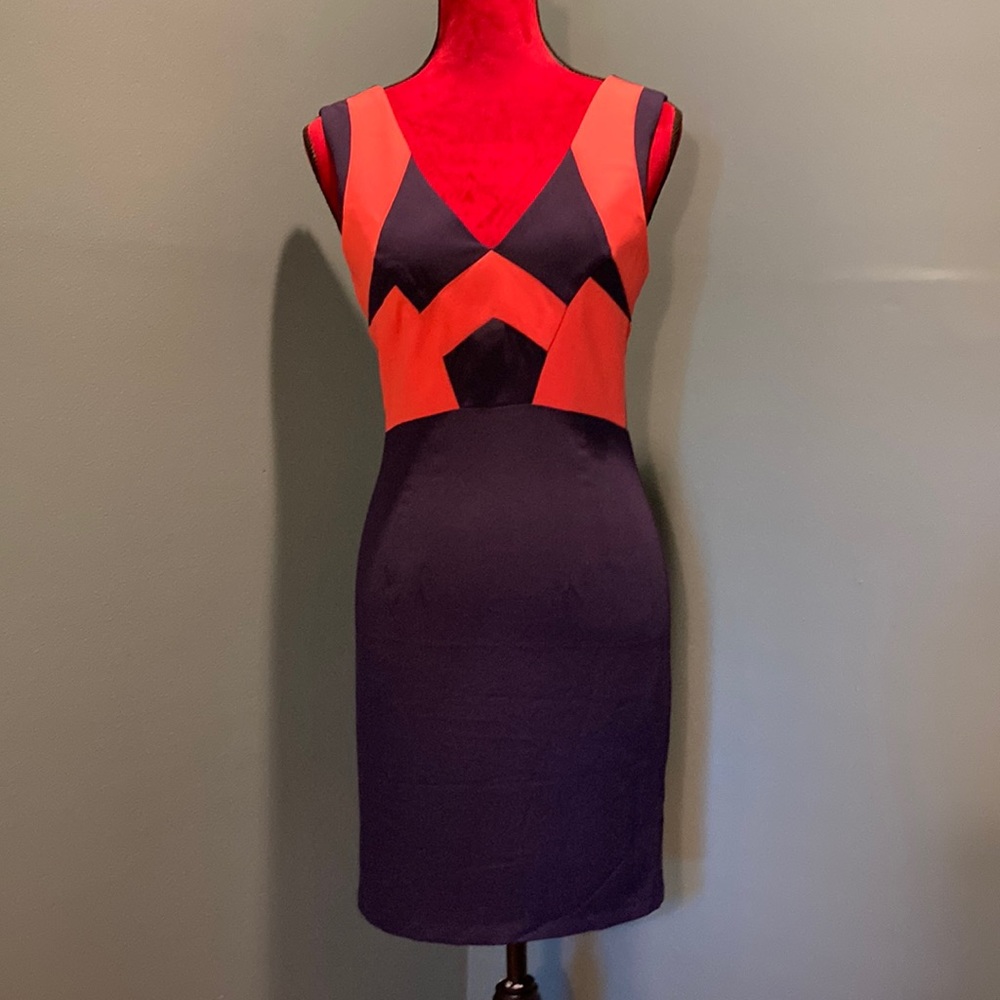 5/48 Red and Navy Geometric Sheath Dress